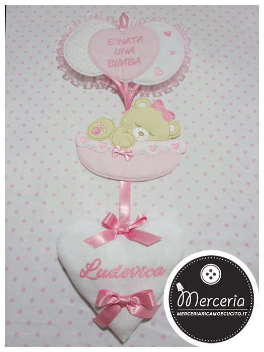 Fiocco nascita con palloncini “È nata una bimba” e cuore per Ludovica