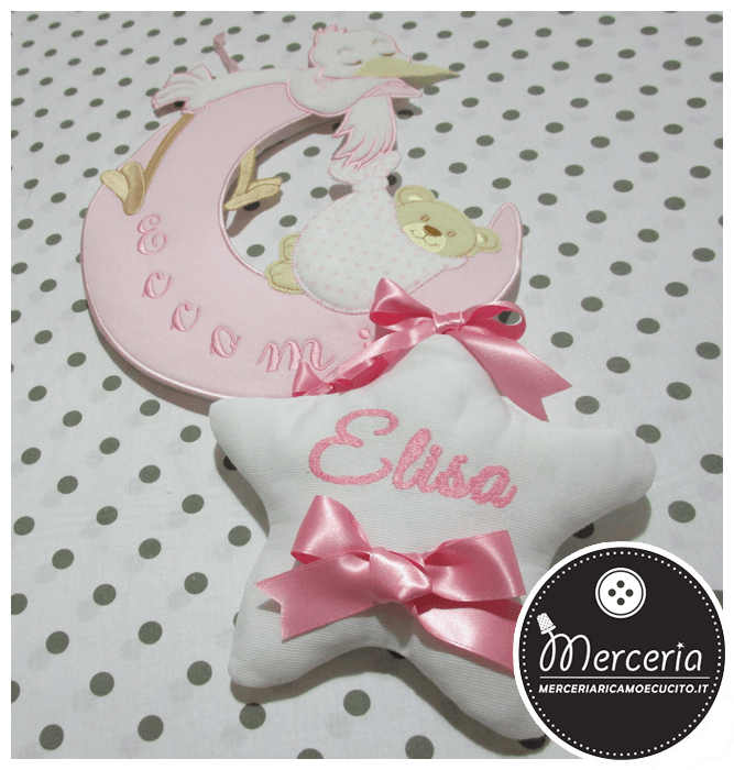 Fiocco nascita luna rosa “Eccomi” con cicogna e stella pendente per Elisa