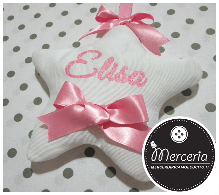 Fiocco nascita luna “Eccomi” con cicogna e cuore per Elisa