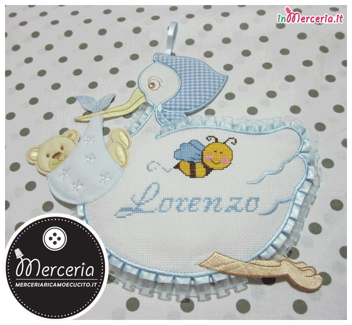 Fiocco nascita cicogna celeste per Lorenzo con apina