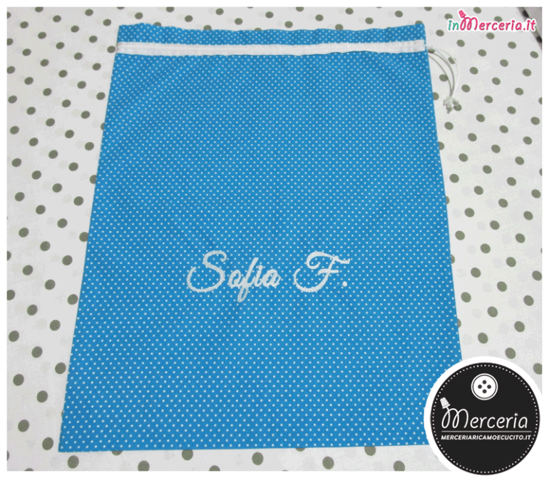 Sacchetto e sacchettino nascita asilo celeste con pois per Sofia F.