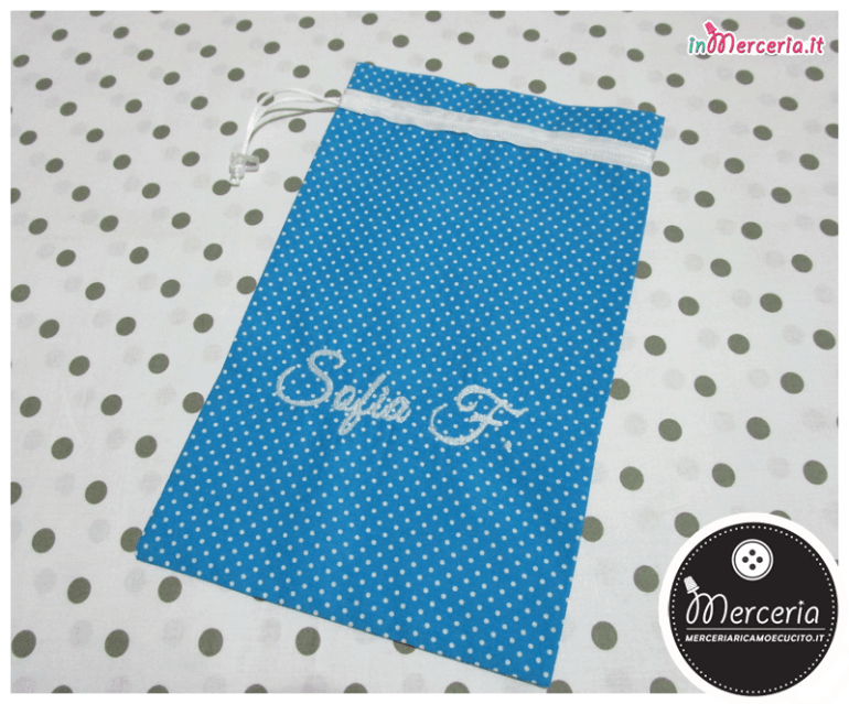Sacchetto e sacchettino nascita asilo celeste con pois per Sofia F.