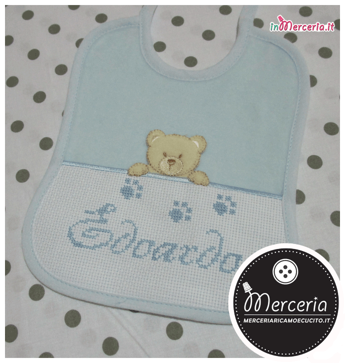 Set nascita - Fiocco nascita mongolfiera celeste, sacchetto rigato con e bavetta con orsetto per Edoardo
