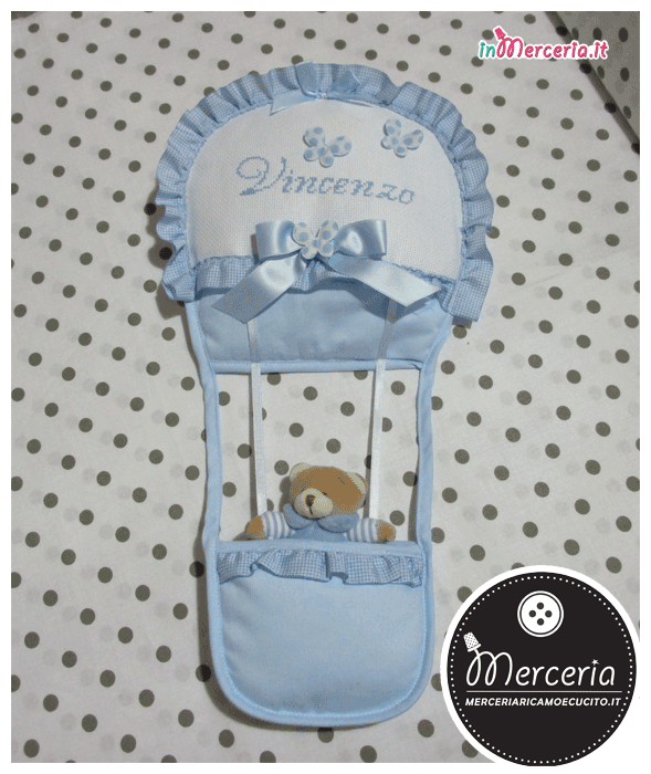 Set nascita - Fiocco nascita mongolfiera e cicognette, busta portaoggetti, beauty e bavetta little star per Vincenzo