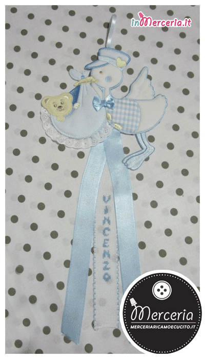 Set nascita - Fiocco nascita mongolfiera e cicognette, busta portaoggetti, beauty e bavetta little star per Vincenzo