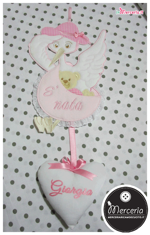 Fiocco nascita cicogna rosa “È nata” con cuore per Giorgia