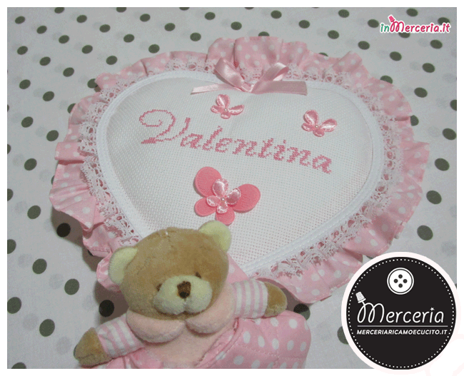 Fiocco nascita cuore pois con orsetto per Valentina