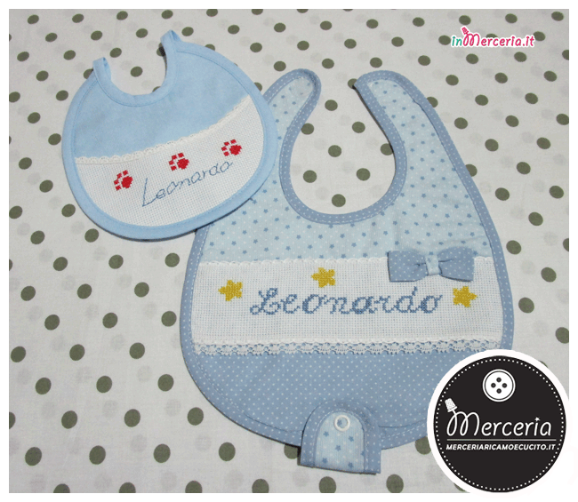 Set corredino per nascita - Fiocco nascita, sacchetto e busta portaoggetti, bavette, lenzuolino e copertina per Leonardo