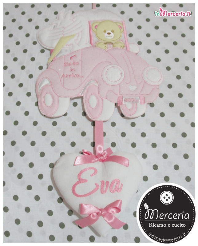 Fiocco nascita macchina rosa con orsetto e cicogna per Eva