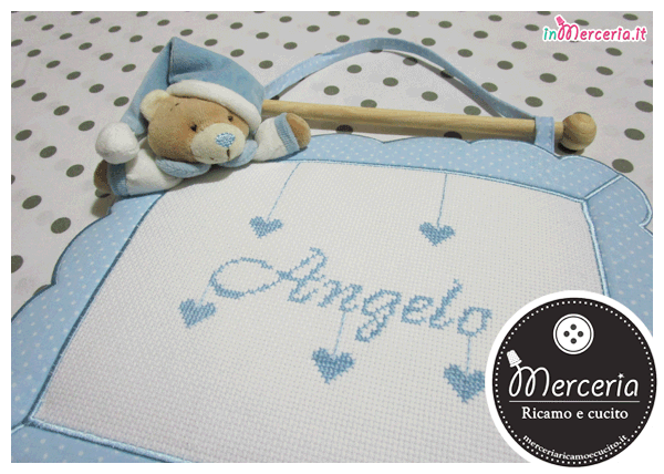 Fiocco nascita quadretto celeste con orso per Angelo