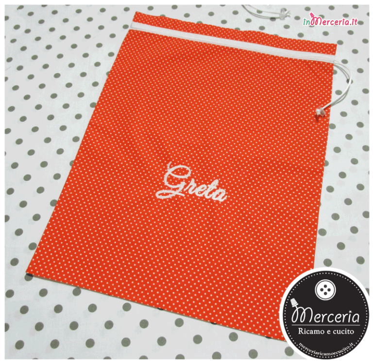 Sacchetto e sacchettino nascita asilo arancione con pois per Greta