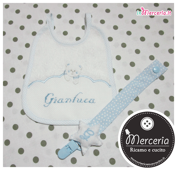 Bavetta con orsetto e clip portaciuccio con stellina e iniziale per Gianluca