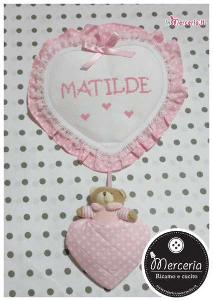 Fiocco nascita cuore pois rosa con orsetto per Matilde