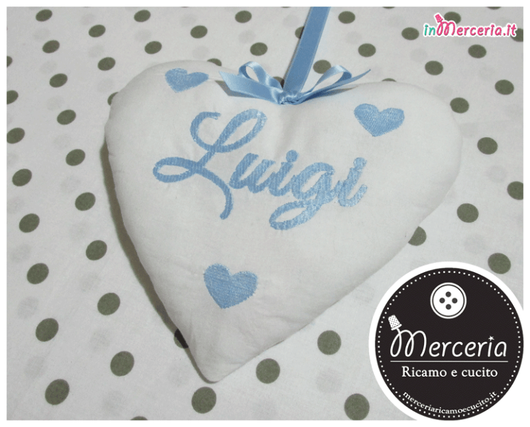 Fiocco nascita luna celeste “Eccomi” con cicogna e cuore pendente per Luigi