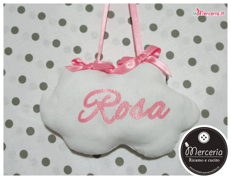 Fiocco nascita luna rosa “Eccomi” con cicogna e nuvola pendente per “Rosa”