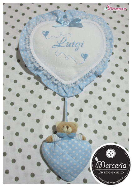 Fiocco nascita cuore pois celeste con orsetto per Luigi