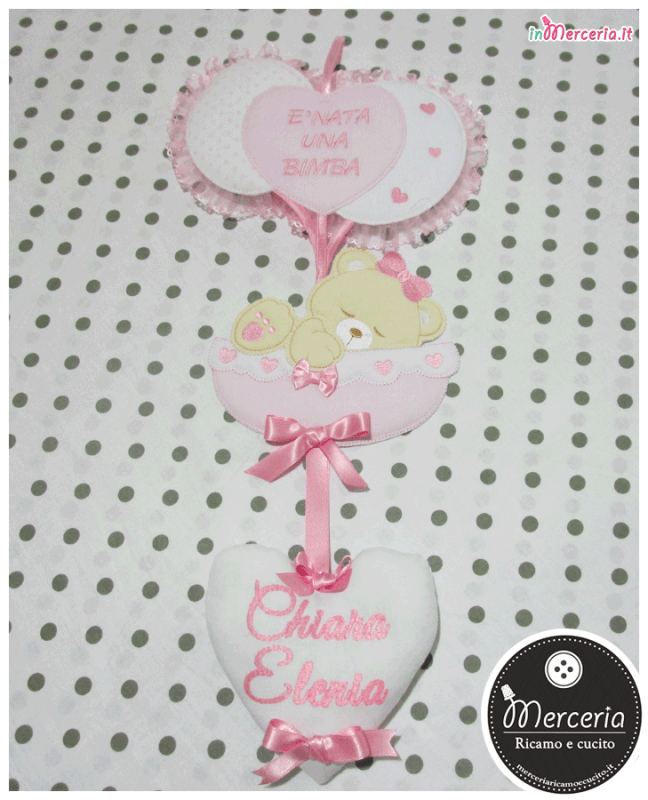 Fiocco nascita rosa con palloncini "È nata una bimba" con cuore pendente per Chiara Elenia