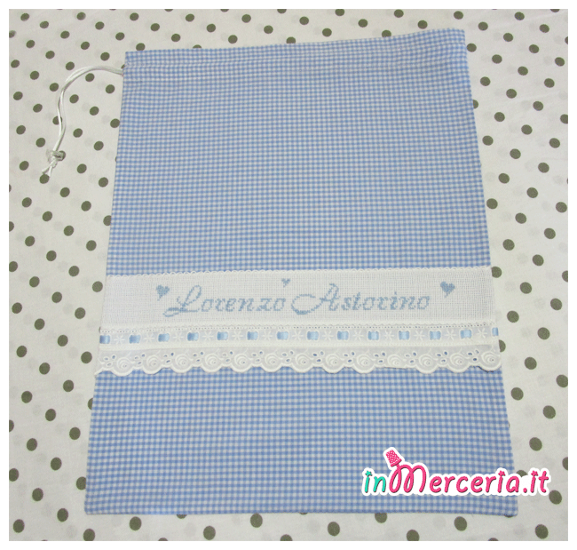 Sacchetti nascita e asilo e fiocco nascita cicogna per Lorenzo e Rebecca