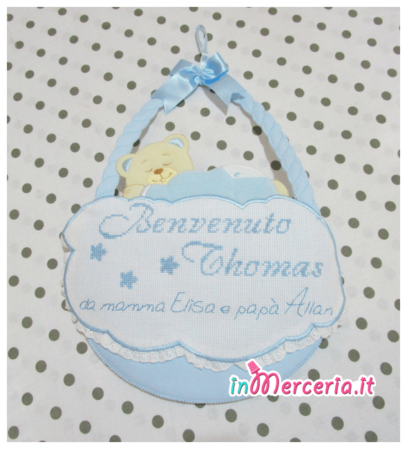 Fiocco nascita cestino celeste con orsetto "Benvenuto Thomas"