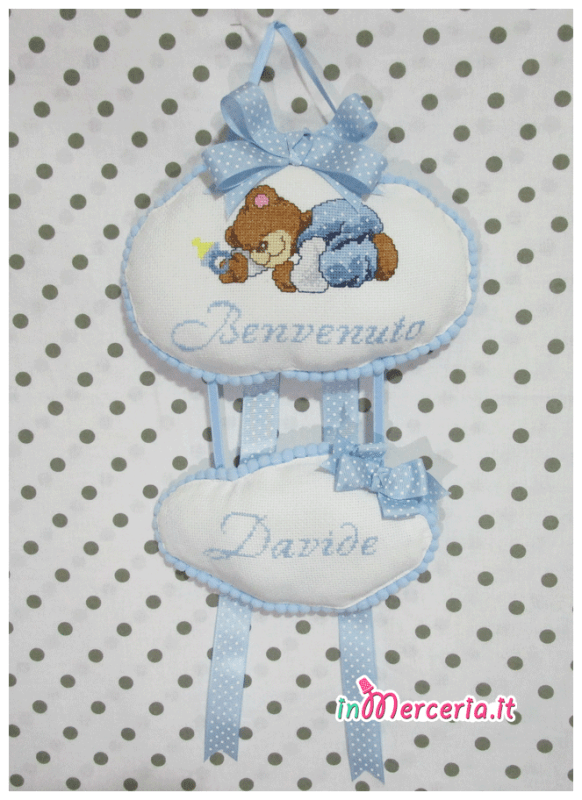 Fiocco nascita con nuvolette con orsetto "Benvenuto Davide"
