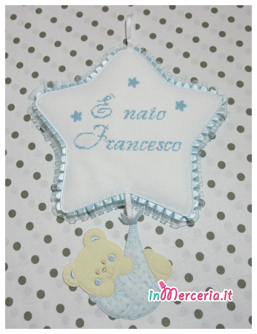 Fiocco nascita stella celeste con orsetto pendente È nato Francesco