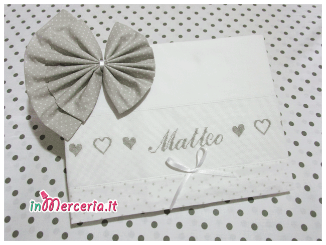 Set nascita – Fiocco nascita pois con orsetto, copertina con orsetto strass e bavetta con clip per “Lorenzo”