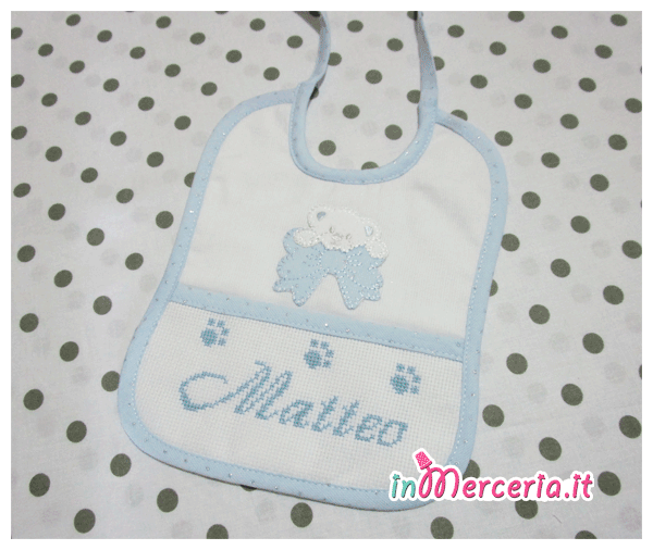 Set nascita – Fiocco nascita pois con orsetto, copertina con orsetto strass e bavetta con clip per “Lorenzo”