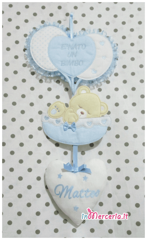 Set nascita – Fiocco nascita pois con orsetto, copertina con orsetto strass e bavetta con clip per “Lorenzo”