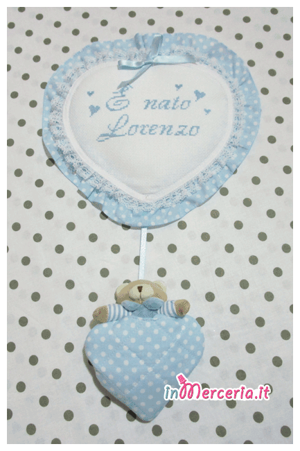 Set nascita - Fiocco nascita pois con orsetto, copertina con orsetto strass e bavetta con clip per Lorenzo