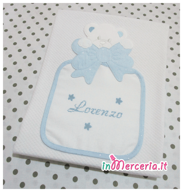 Set nascita - Fiocco nascita pois con orsetto, copertina con orsetto strass e bavetta con clip per Lorenzo