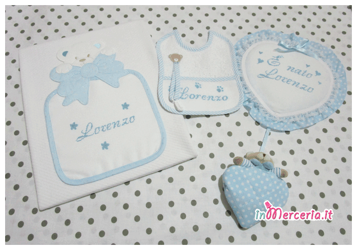 Set nascita - Fiocco nascita pois con orsetto, copertina con orsetto strass e bavetta con clip per Lorenzo