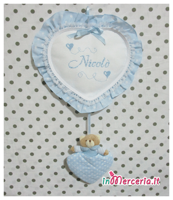 Fiocco nascita cuore celeste pois con orsetto per "Nicolò"