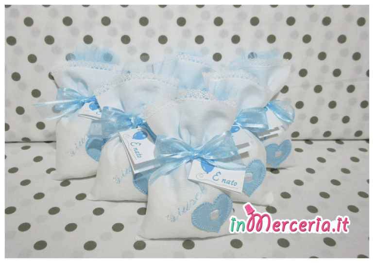 Sacchettini bomboniere portaconfetti bianchi con cuore e carrozzine per Giuseppe