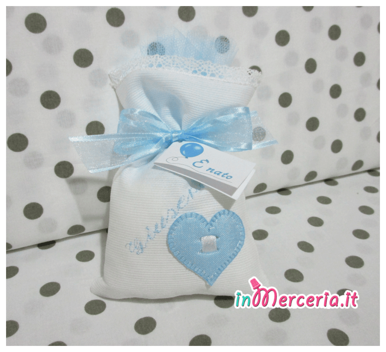 Sacchettini bomboniere portaconfetti bianchi con cuore e carrozzine per Giuseppe