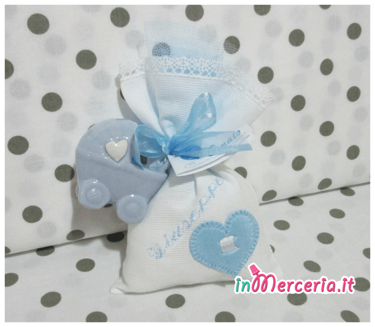 Sacchettini bomboniere portaconfetti bianchi con cuore e carrozzine per Giuseppe