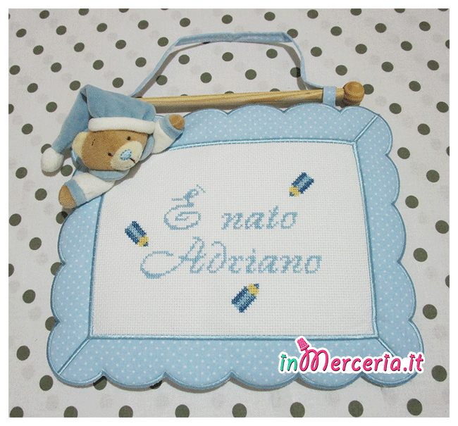 Fiocco nascita quadretto celeste con orso per Adriano