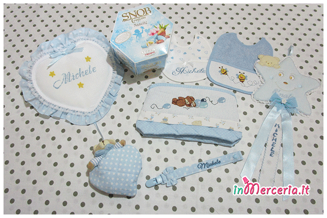 Fiocco nascita cuore pois e stellina, bavette, bustina portaoggetti e clip portaciuccio per Michele