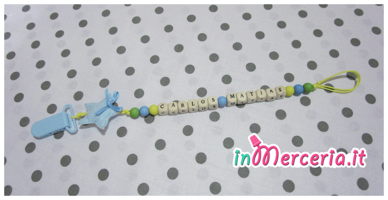 Fiocco nascita mongolfiera celeste e catenella portaciuccio con stella per Carlos Matias