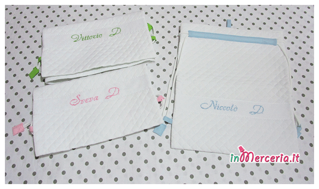 Sacchi e bustine nascita e asilo trapuntate per Vittorio, Sveva e Niccolò