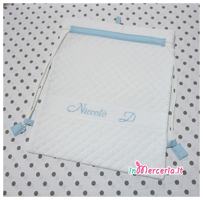 Sacchi e bustine nascita e asilo trapuntate per Vittorio, Sveva e Niccolò