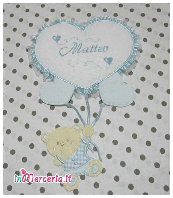 Fiocco nascita celeste con orsetto su palloncini cuore per Matteo