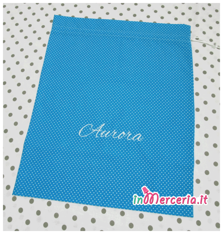 Sacchetto e sacchettino nascita asilo turchese con pois per Aurora
