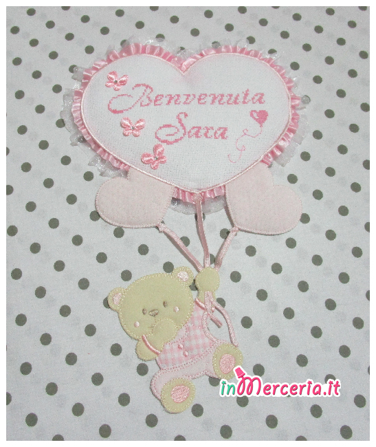 Fiocco nascita rosa con orsetto su palloncini cuore "Benvenuta Sara"