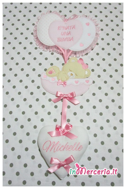 Fiocco nascita rosa con palloncini "È nata una bimba" con cuore pendente per Michelle