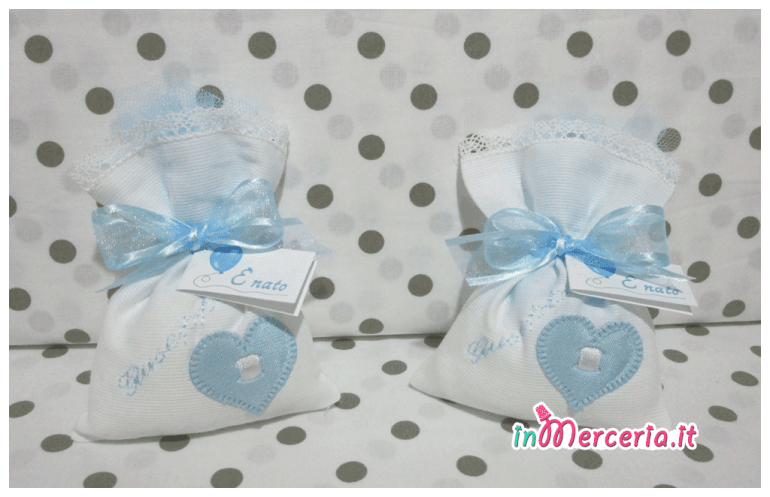 Sacchettino bomboniera portaconfetti con cuore e ciuccio per Giuseppe