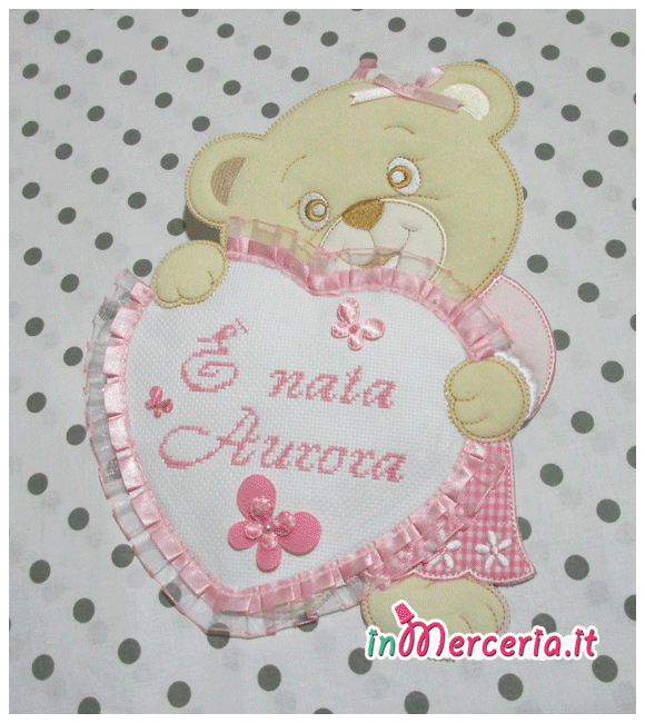 Fiocco nascita orsetto con cuore rosa È nata Aurora