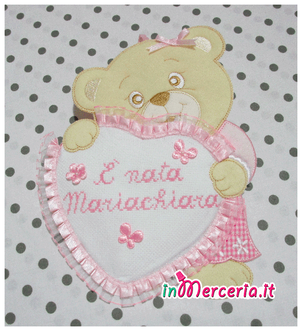 Fiocco nascita orsetto con cuore rosa "È nata Mariachiara"