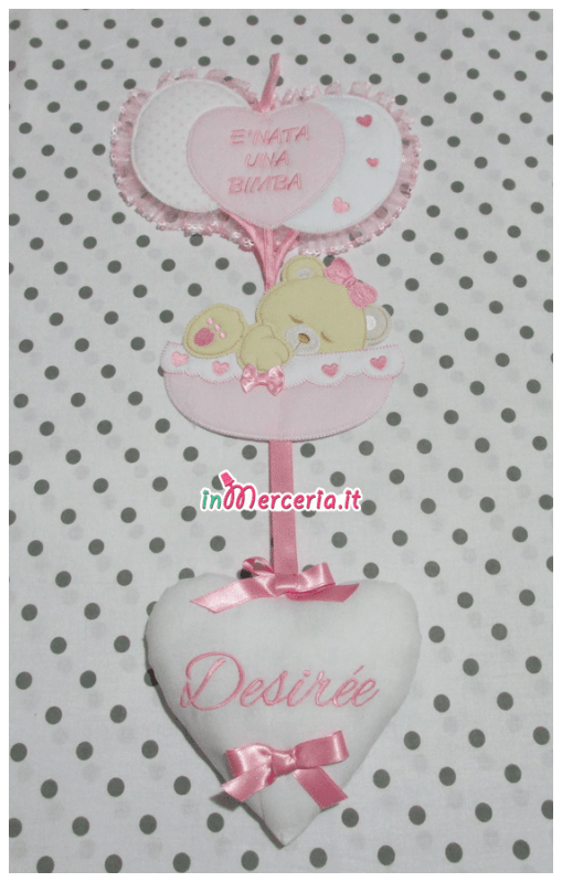 Set nascita - Accappatoio, fiocco nascita con palloncini, bustina portaoggetti, asciugamano e bavaglia per Desirée