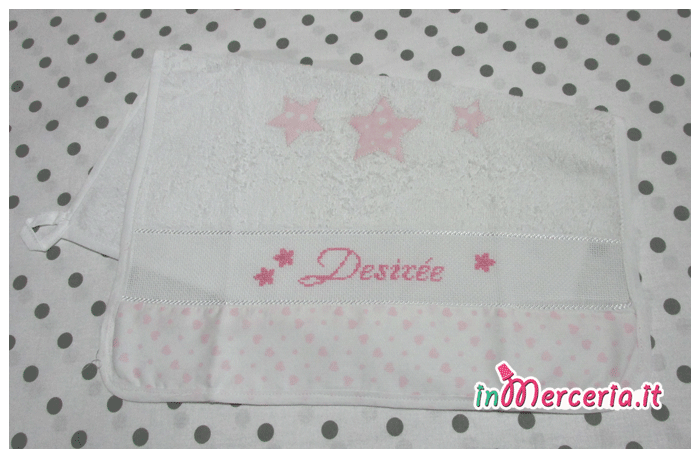 Set nascita - Accappatoio, fiocco nascita con palloncini, bustina portaoggetti, asciugamano e bavaglia per Desirée