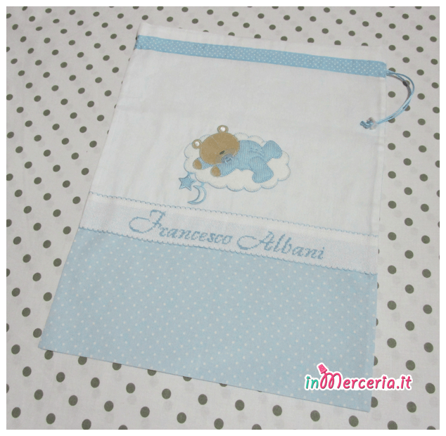 Set nascita - FIocco nascita cicogna, sacchetto e bustina portaoggetti per Francesco